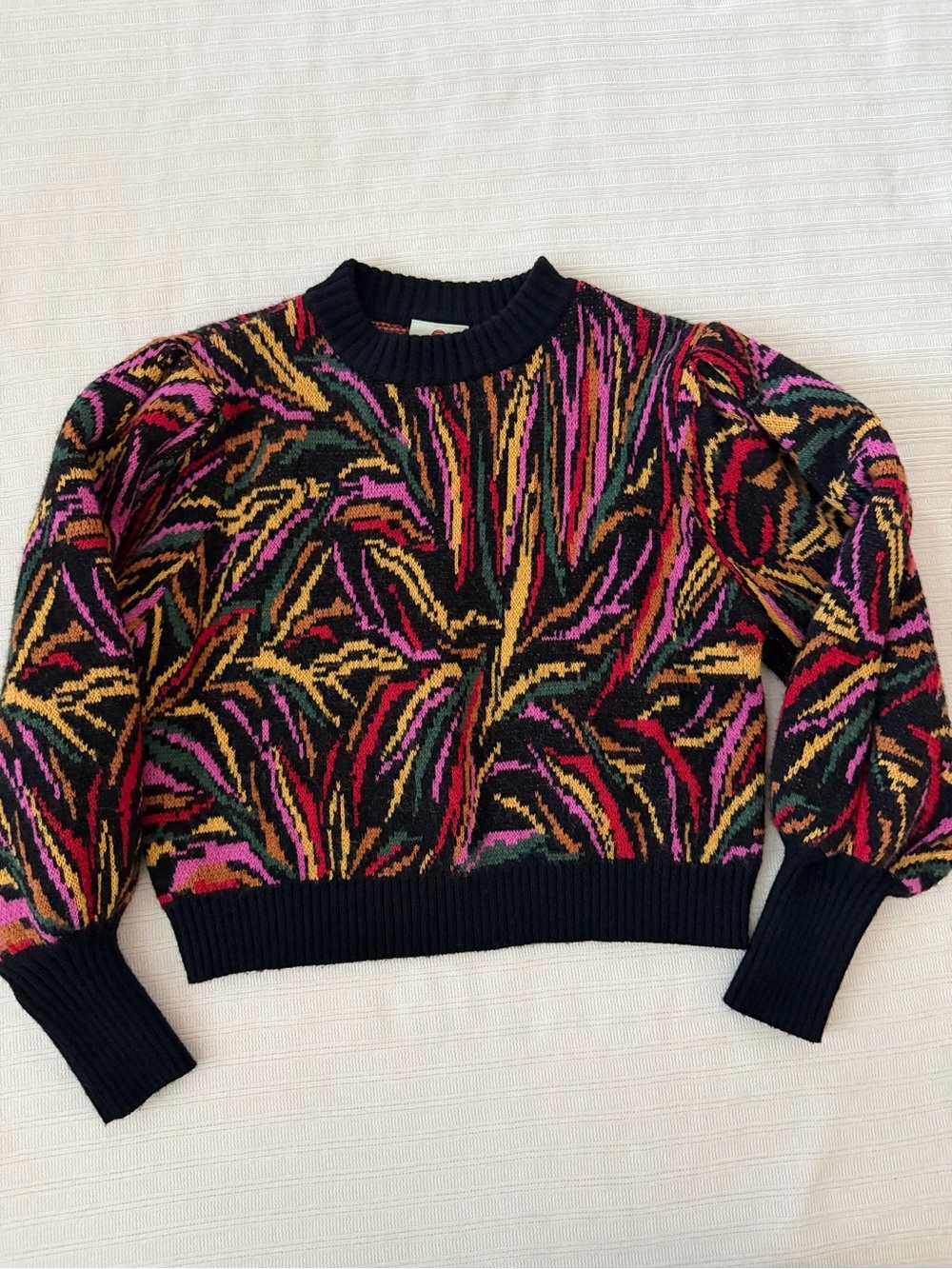 FARM Rio Tropical Jacquard Puff Sleeve Sweater XS Black Multicolor Knit
